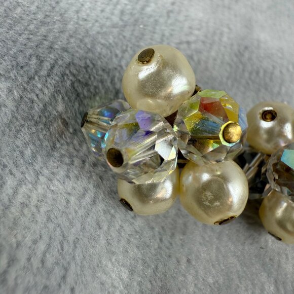 Vintage Faux Pearl & Crystal Beaded Cluster Clip-On Earrings Women MCM - Picture 3 of 16